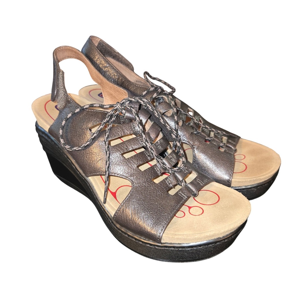 Bionica Sirius Wedge Sandals Womens 8.5 Pewter Metallic Leather Lace Up Platform